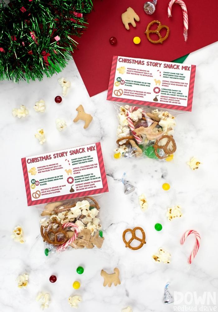 A tall overview of the finished Christmas Story Snack Mix.