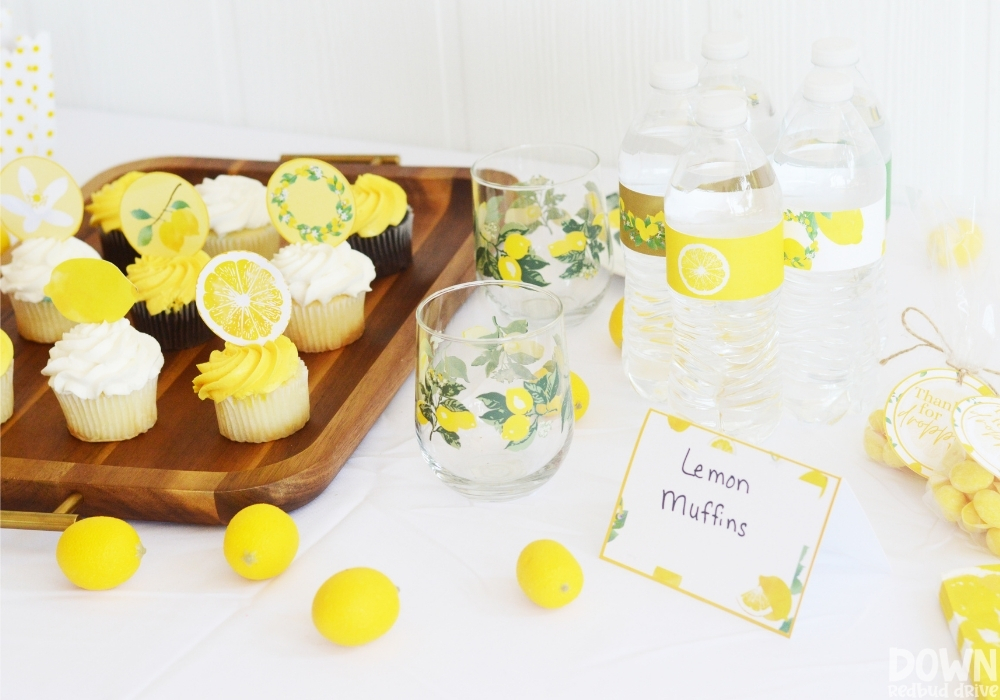 diy-lemon-baby-shower-party-closeup A wide closeup of the food table for the DIY Lemon Baby Shower.