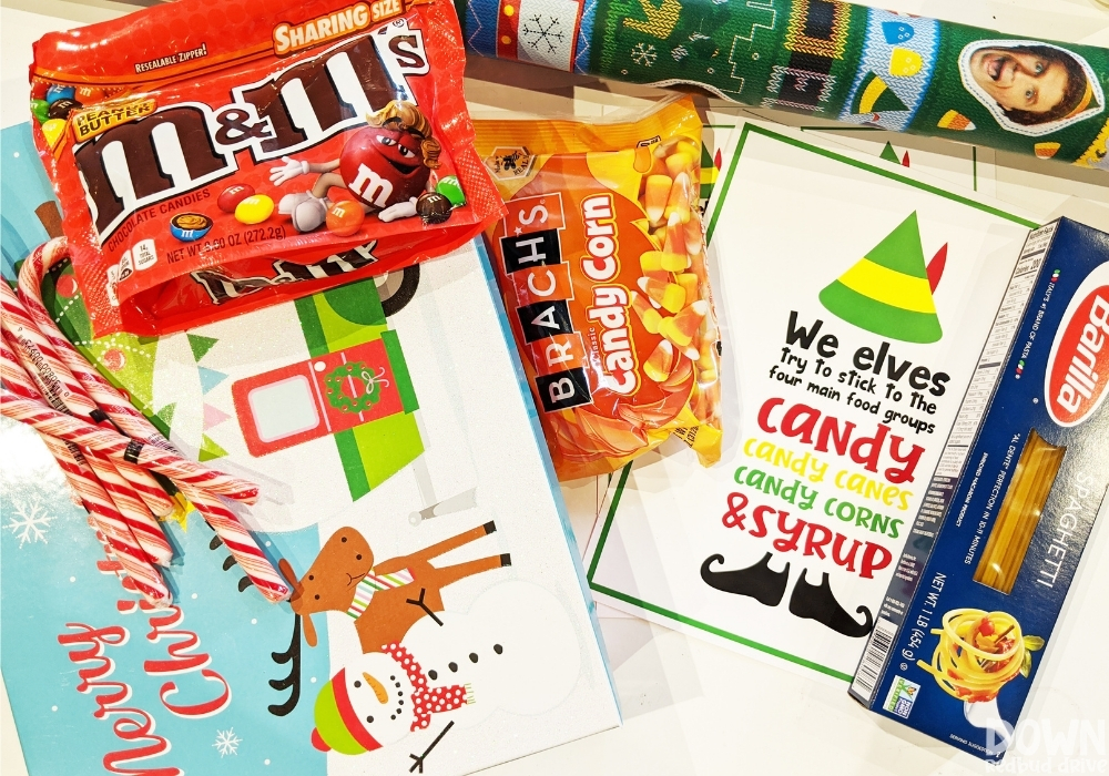 elf-food-groups-gift-idea-wide-1 The supplies for the elf food groups gift idea.