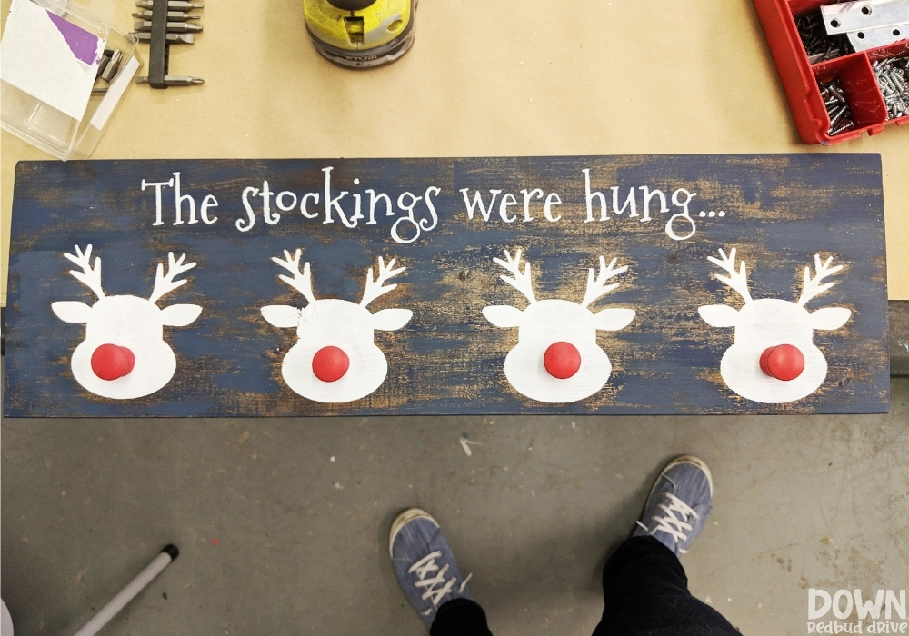 reindeer-stocking-holder-diy-wide-4-1 Overhead shot of the finished reindeer stocking holder DIY.