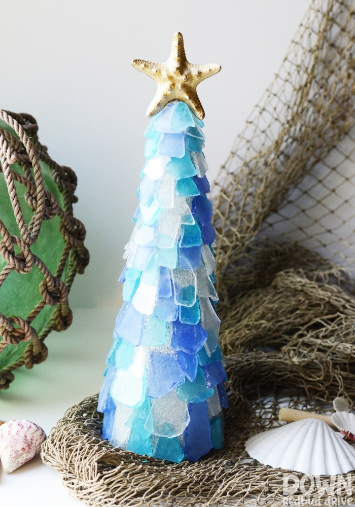 sea-glass-christmas-tree-diy-main-tall-10 Tall image of the finished Sea Glass Christmas Tree DIY project.