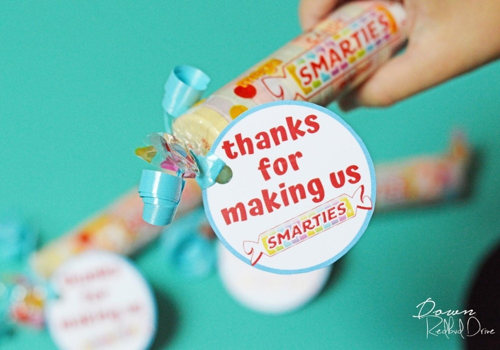 smarties-teacher-gift-wide-3 Overhead shot of child's hand holding the Smarties candy teacher's gift.
