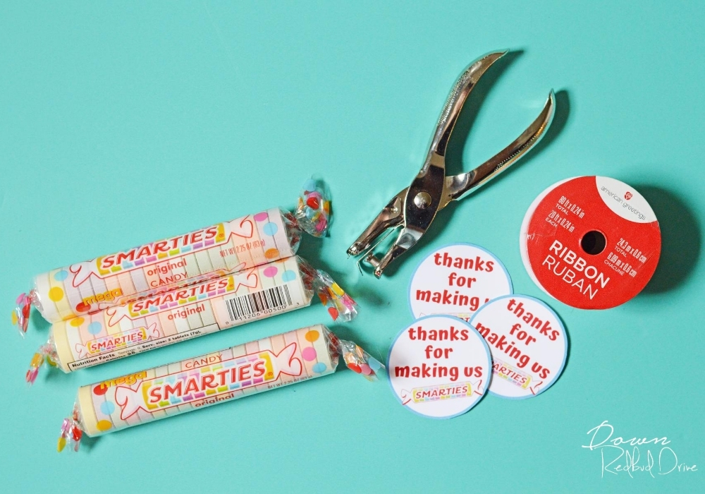 smarties-teacher-gift-wide-supplies Overhead shot of supplies for the Smarties teacher gift.