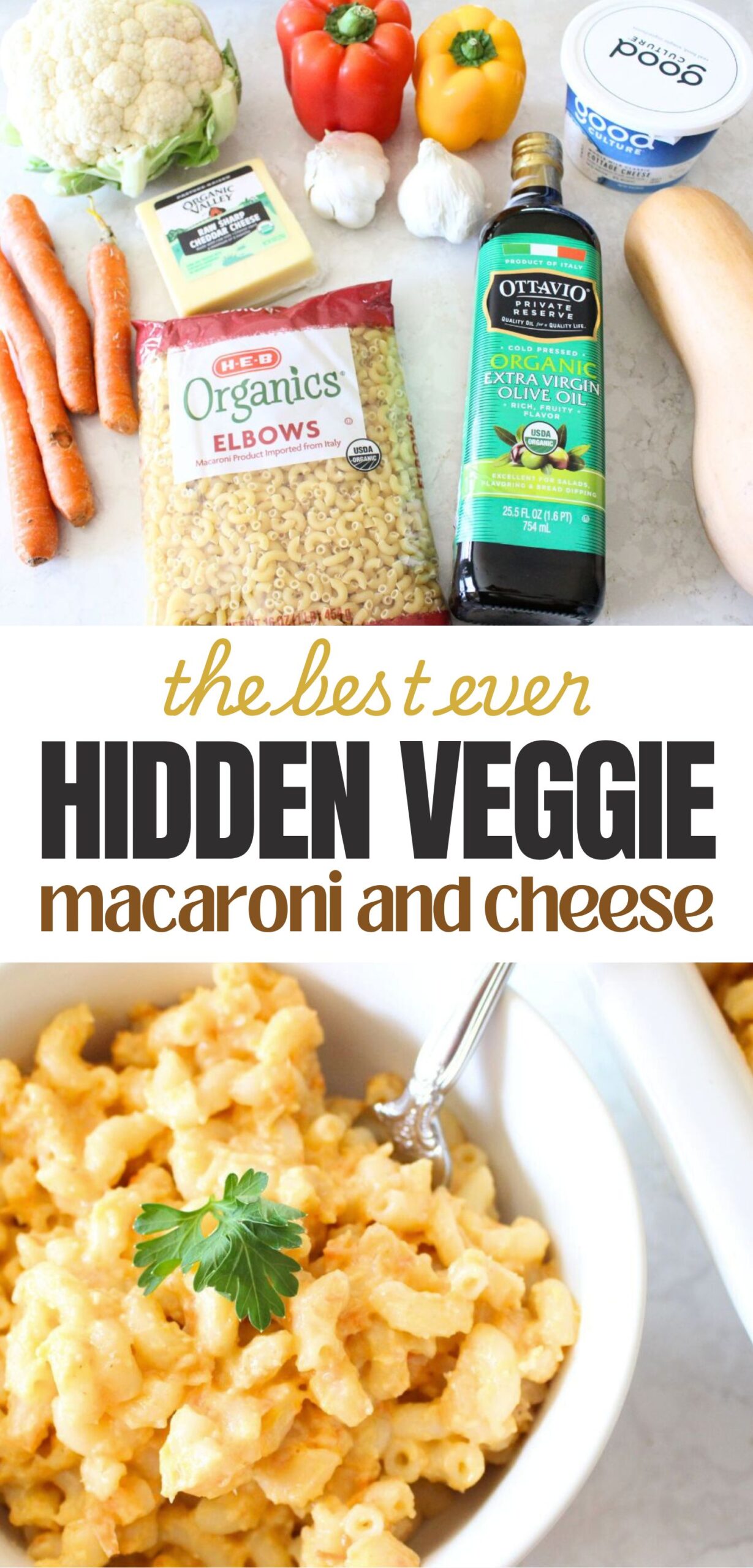 easy-hidden-veggie-mac-and-cheese-recipe-creamy-high-protein-vegetable-packed-scaled-1 Finished hidden veggie mac & cheese in a white bowl with a sprig of parsley on the top. More mac & cheese in the background. a text overlay reads the best ever hidden veggie macaroni and cheese