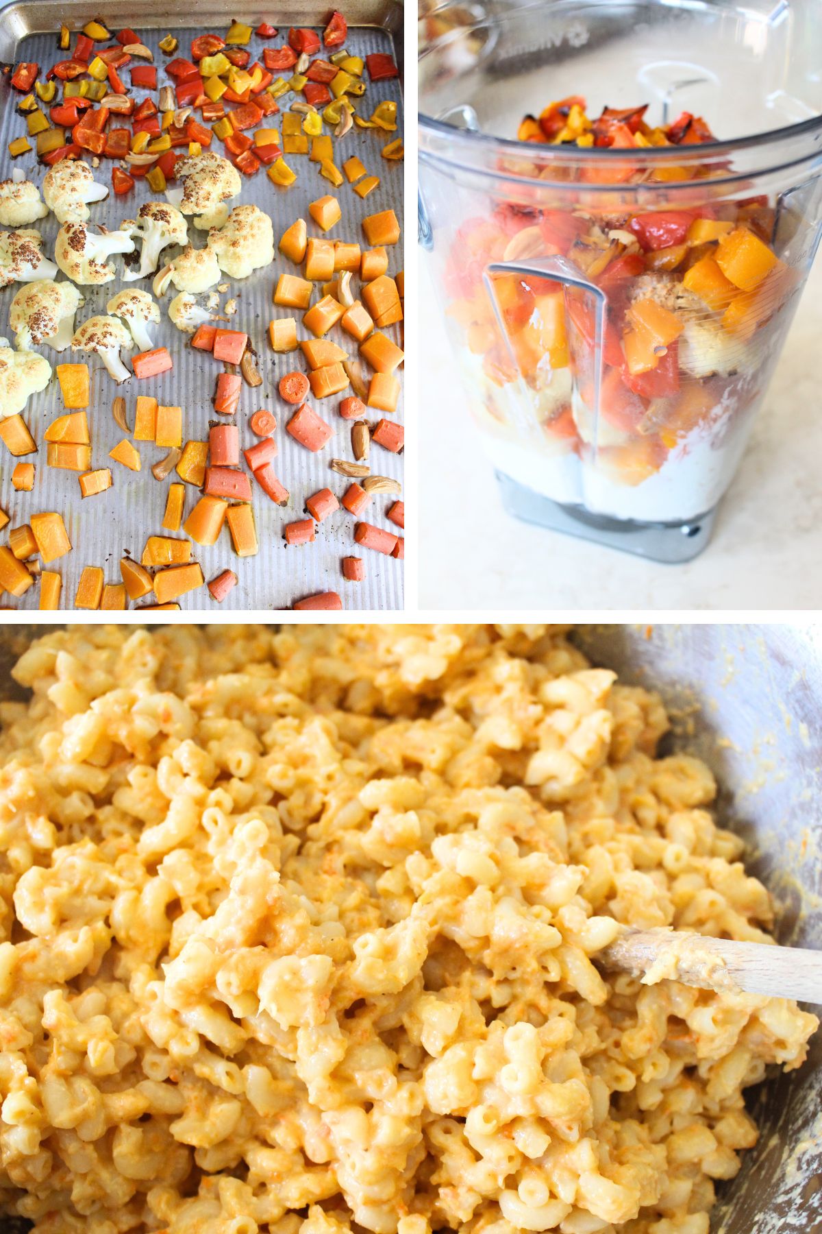 hidden-veggie-mac-and-cheese-recipe-instruction-overview 3 panel image showing the roasted vegetables on a tray, the ingredients on a blender, and the finished mac and cheese being mixed together.
